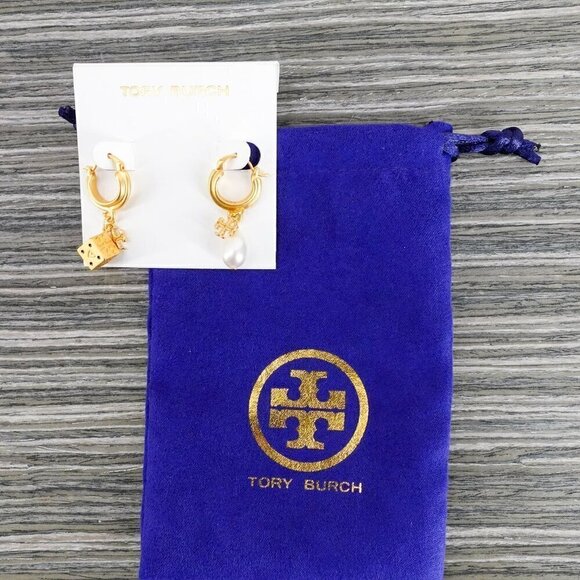 Tory Burch Women's Kira Charm Mismatched Drop Earrings in Rolled Brass Gold OS - Picture 6 of 12